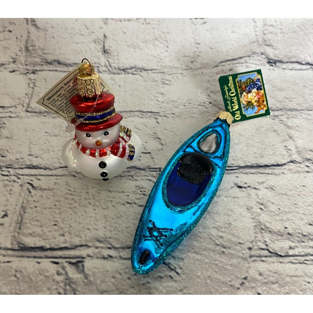 NWT Old World Christmas Miniature Snowman & Blue Kayak Ornament